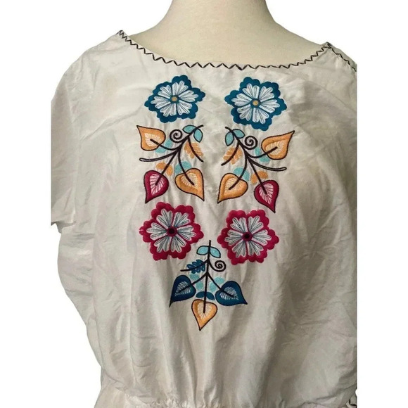 Embroidered Floral Peasant Blouse Top NICOLE Miller Sz Large White Silk/Cotton - Picture 2 of 16